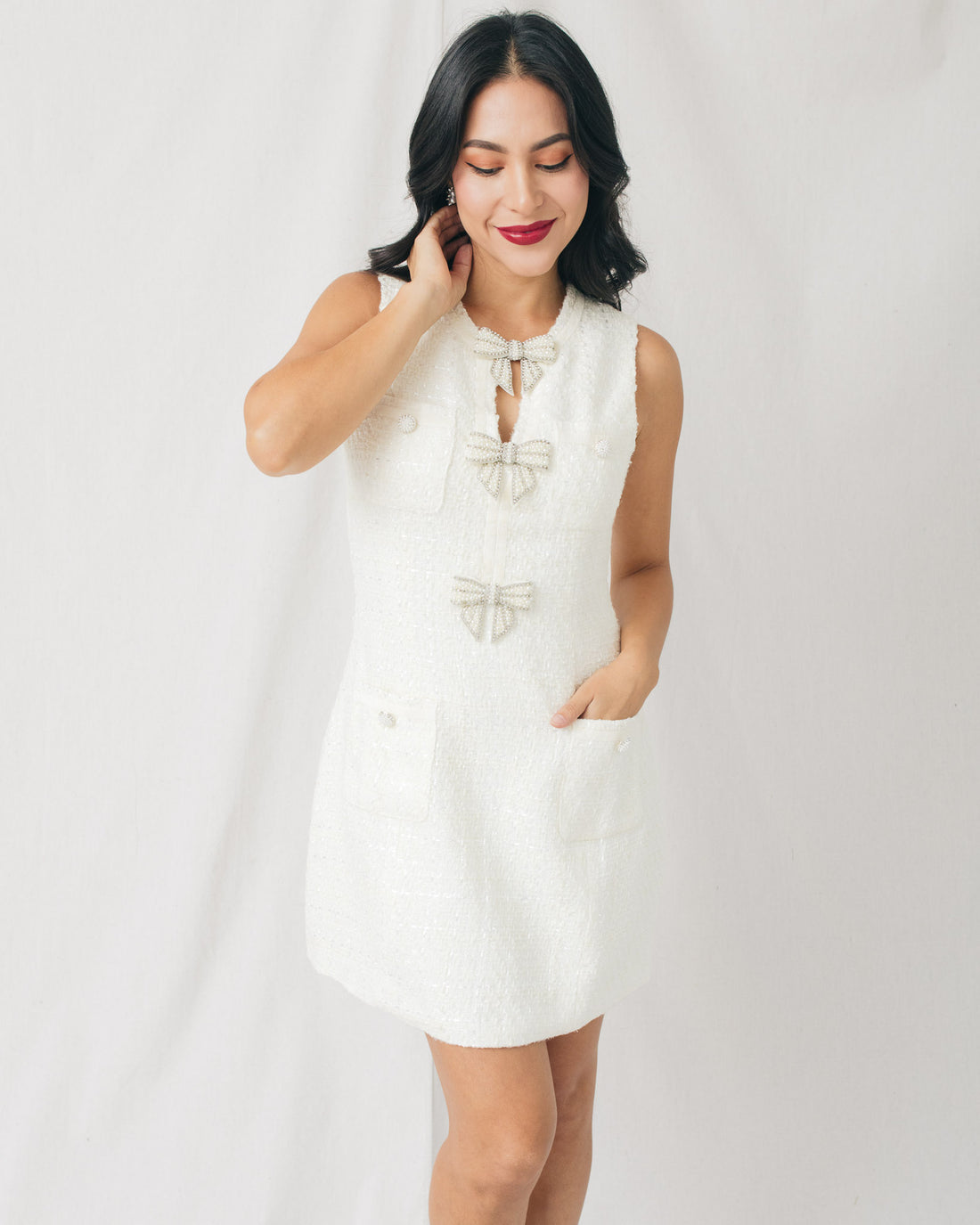 Audrey Jewel Bow Detail Tweed Mini Dress