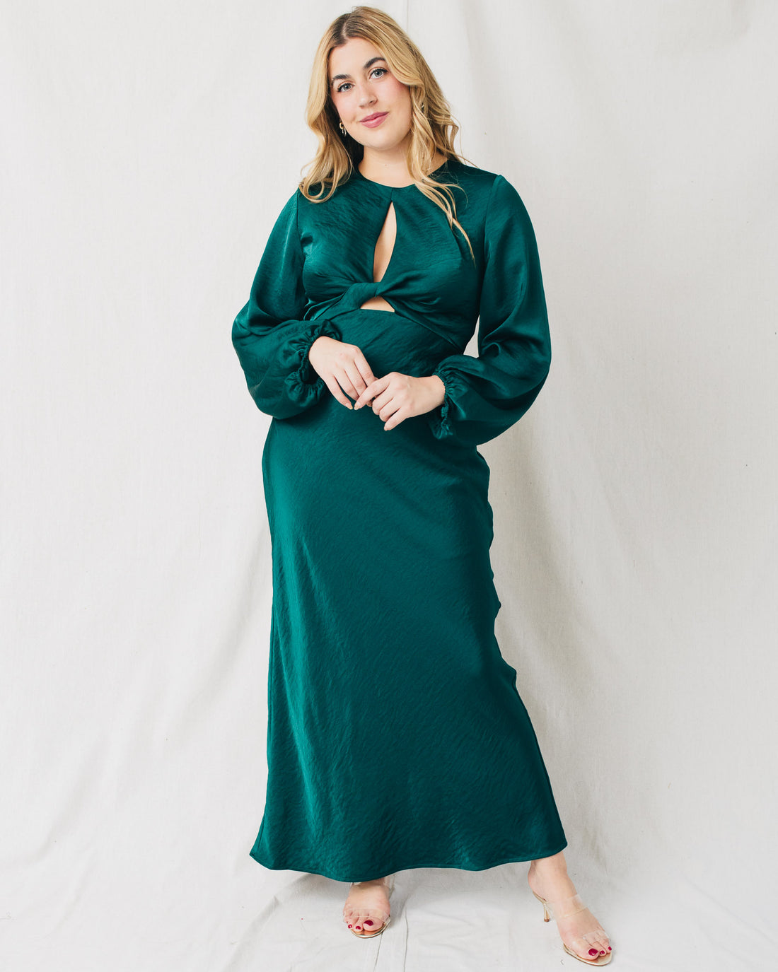 Emerald Twisted Front Long Sleeve Solid Maxi Dress