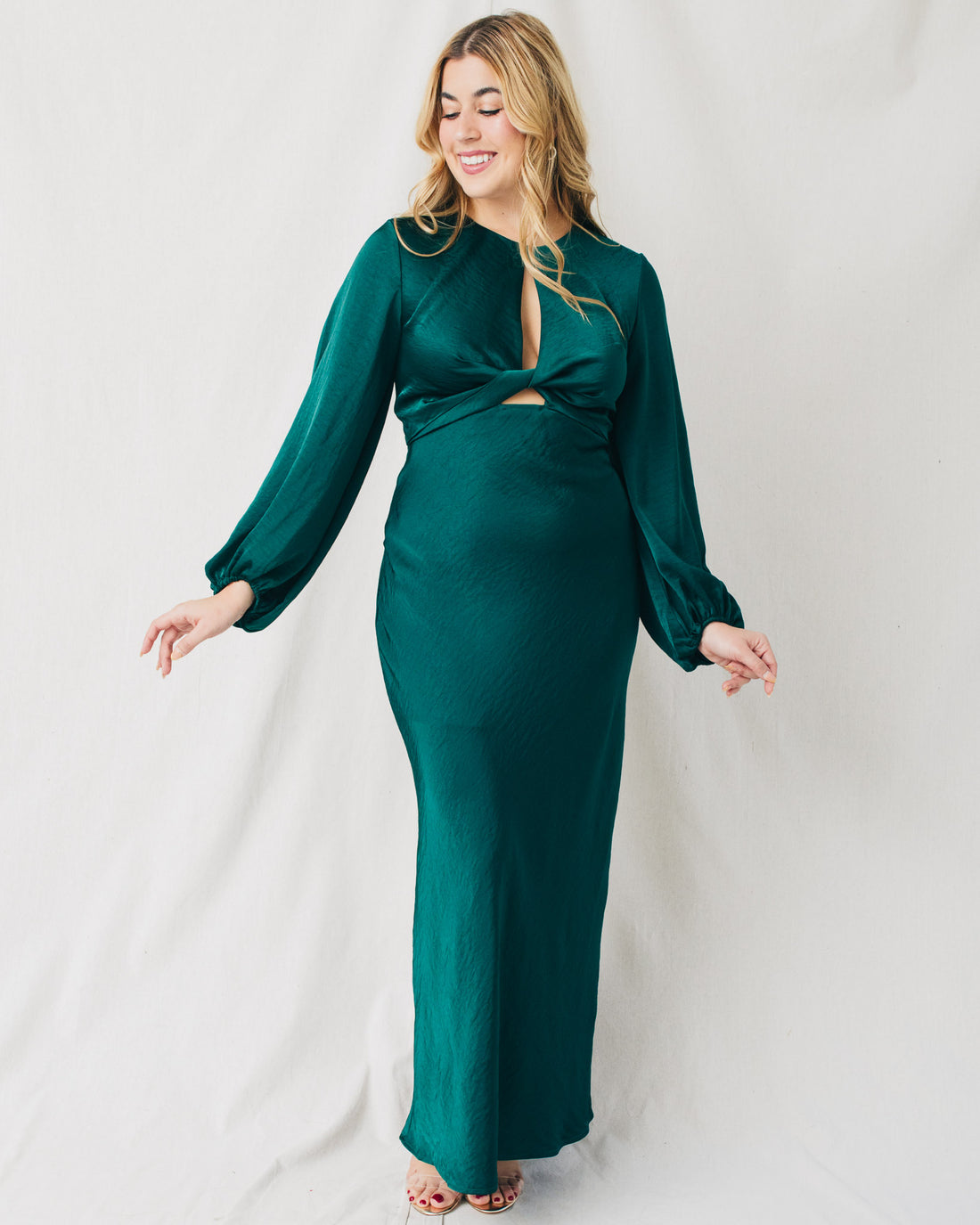 Emerald Twisted Front Long Sleeve Solid Maxi Dress