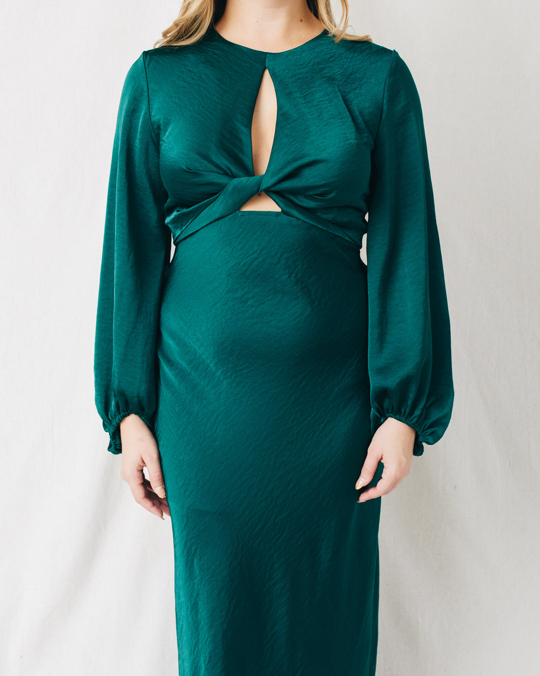 Emerald Twisted Front Long Sleeve Solid Maxi Dress