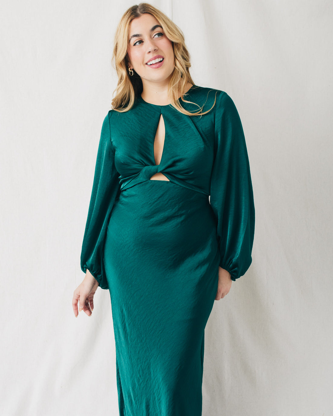 Emerald Twisted Front Long Sleeve Solid Maxi Dress