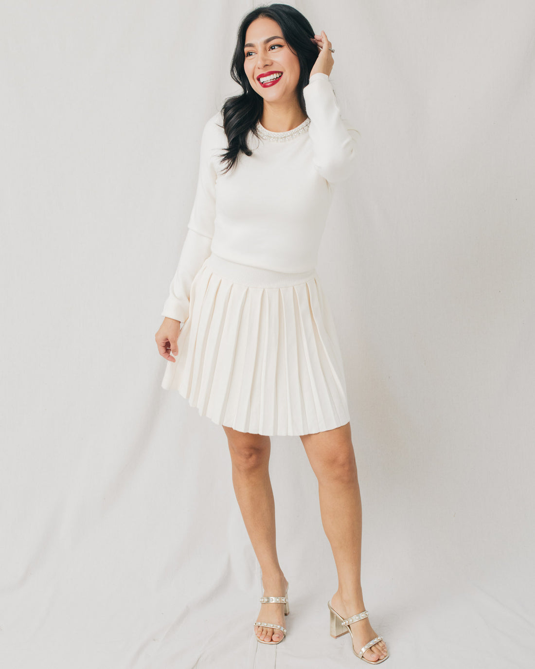 Lucia Embellished Sweater Pleated Mini Dress