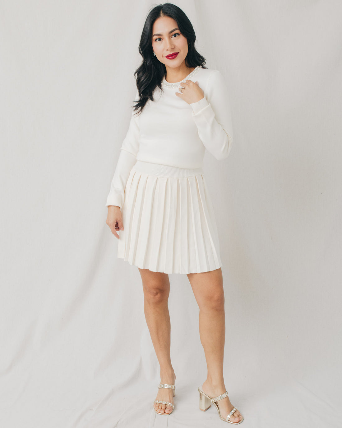 Lucia Embellished Sweater Pleated Mini Dress