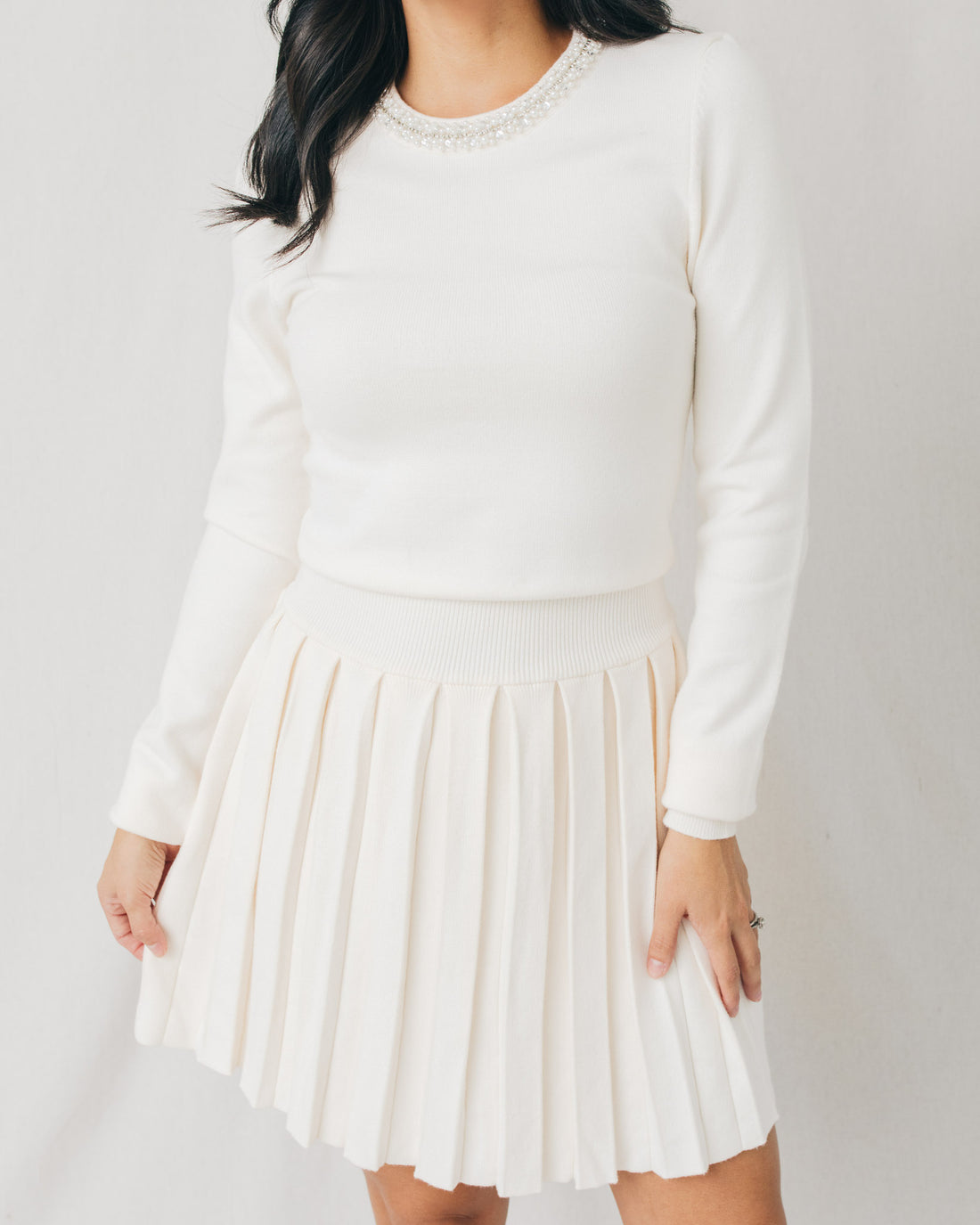 Lucia Embellished Sweater Pleated Mini Dress