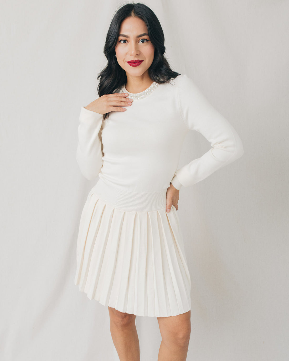 Lucia Embellished Sweater Pleated Mini Dress