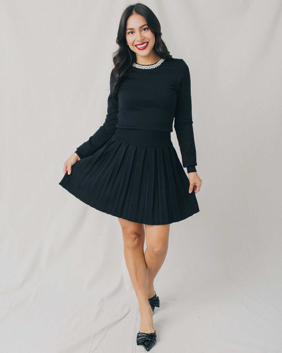 Lucia Embellished Sweater Pleated Mini Dress