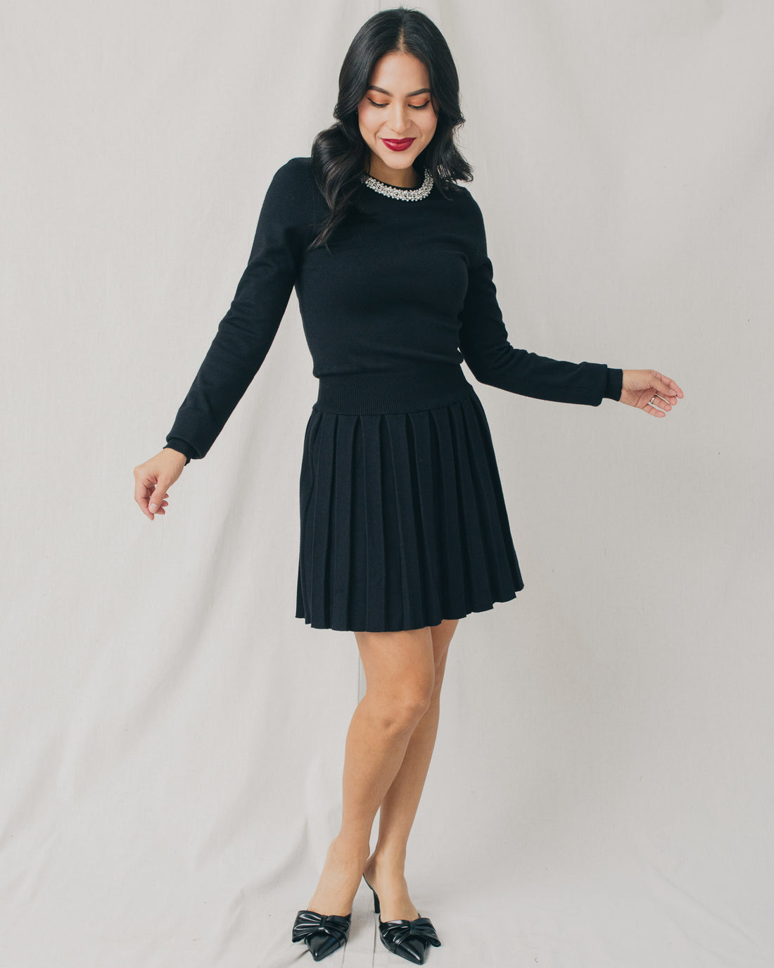 Lucia Embellished Sweater Pleated Mini Dress
