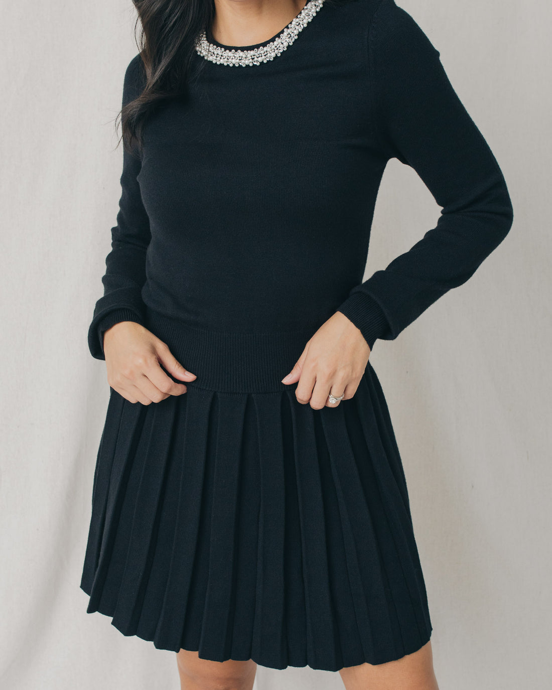 Lucia Embellished Sweater Pleated Mini Dress