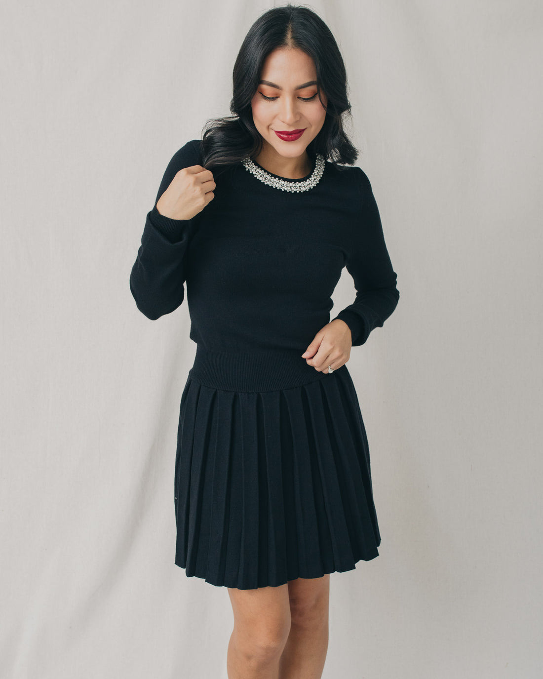 Lucia Embellished Sweater Pleated Mini Dress