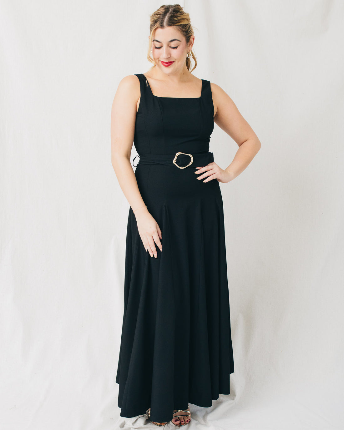 Ritah Square Neck Belted Solid Maxi Dress
