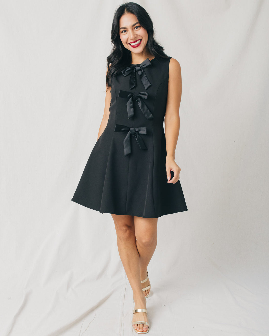 Lia Round Neck Bow Detail Flared Mini Dress
