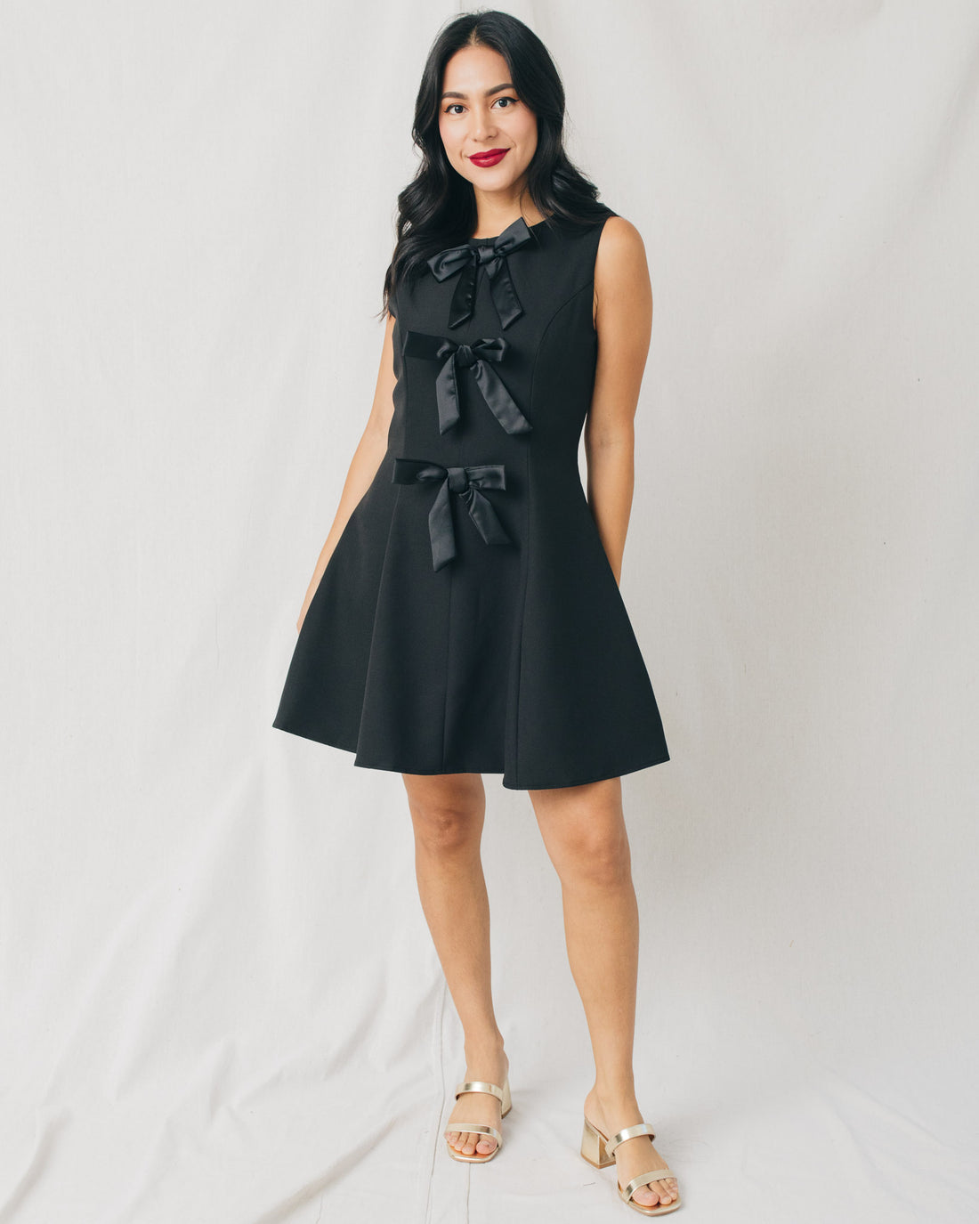 Lia Round Neck Bow Detail Flared Mini Dress