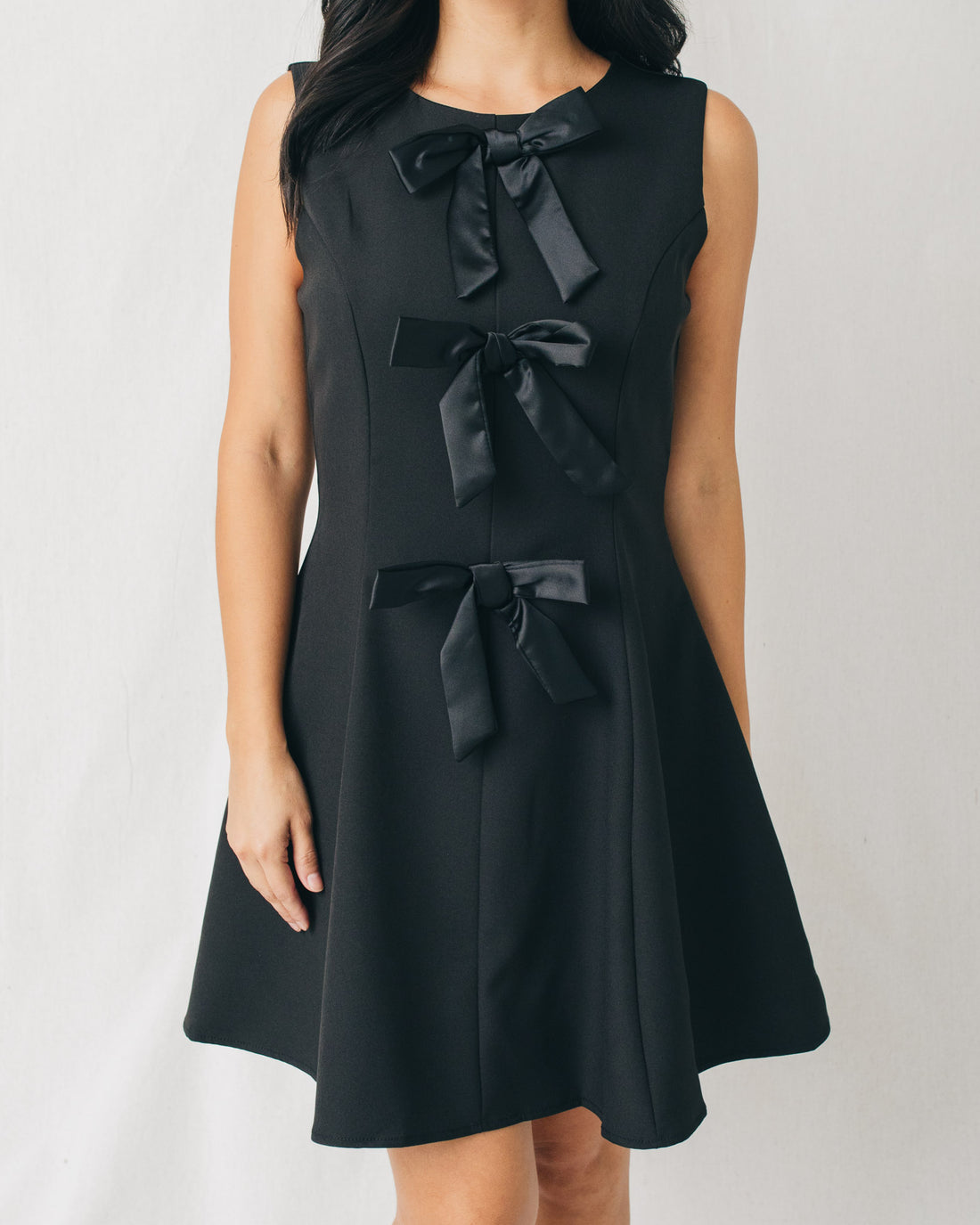 Lia Round Neck Bow Detail Flared Mini Dress