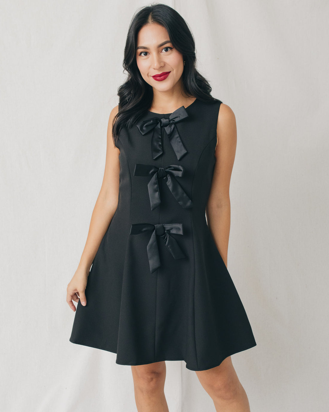 Lia Round Neck Bow Detail Flared Mini Dress