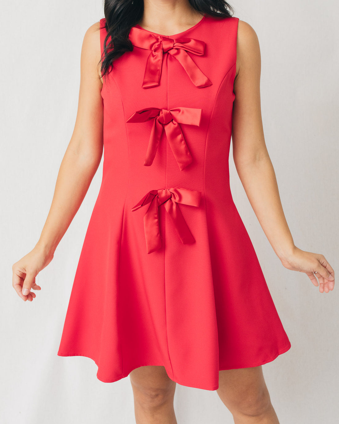 Lia Round Neck Bow Detail Flared Mini Dress