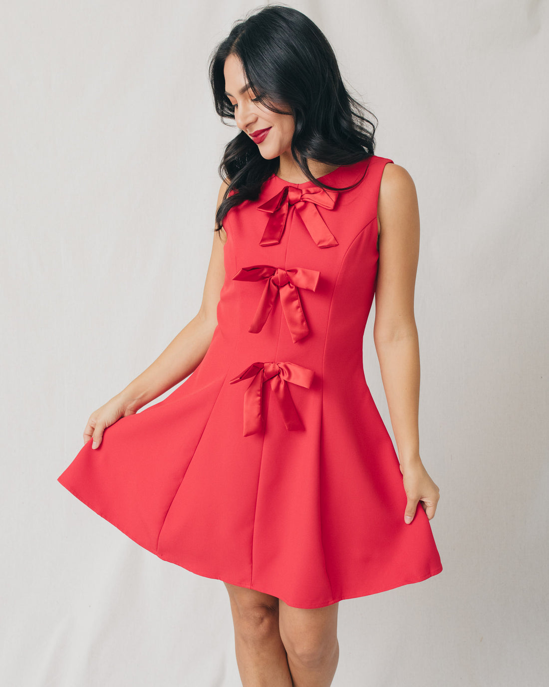 Lia Round Neck Bow Detail Flared Mini Dress
