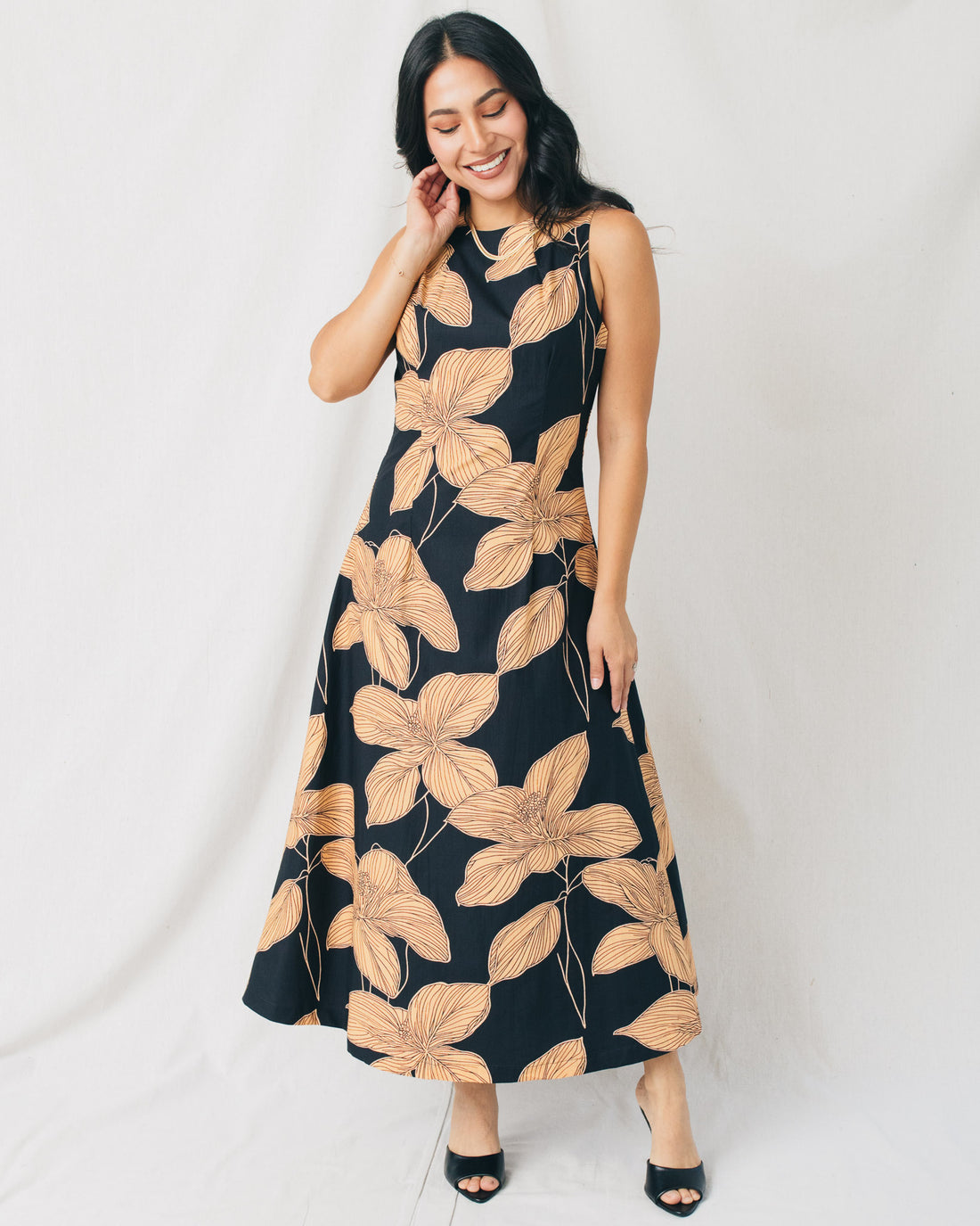 Jackie High Neck Fit & Flare Printed Midi Dress