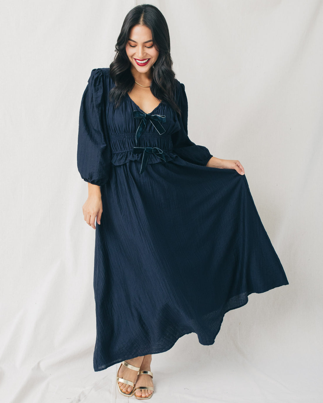 Natalie V-Neck Front Velvet Bow Midi Dress