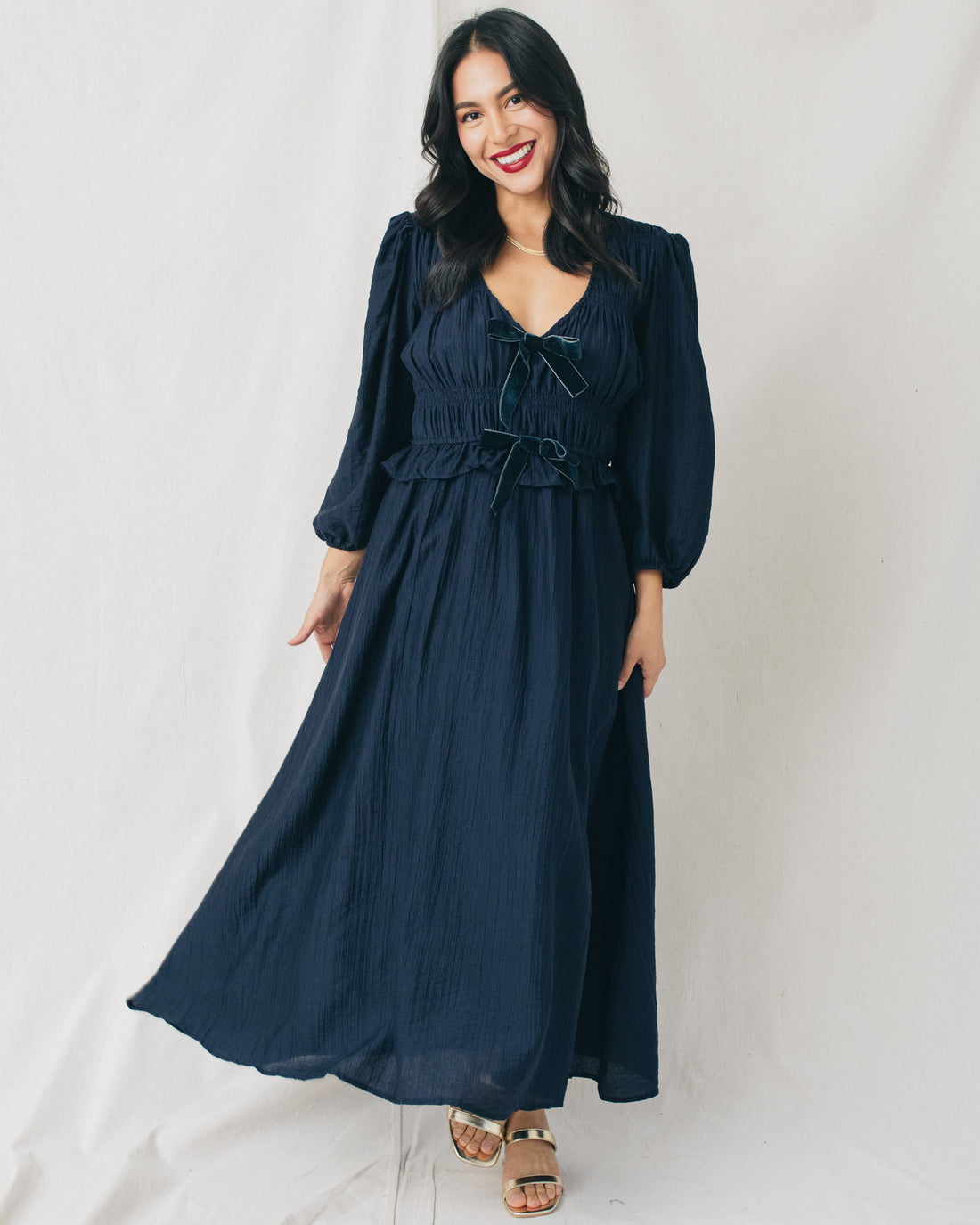 Natalie V-Neck Front Velvet Bow Midi Dress
