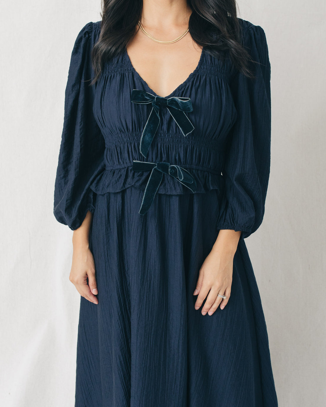 Natalie V-Neck Front Velvet Bow Midi Dress
