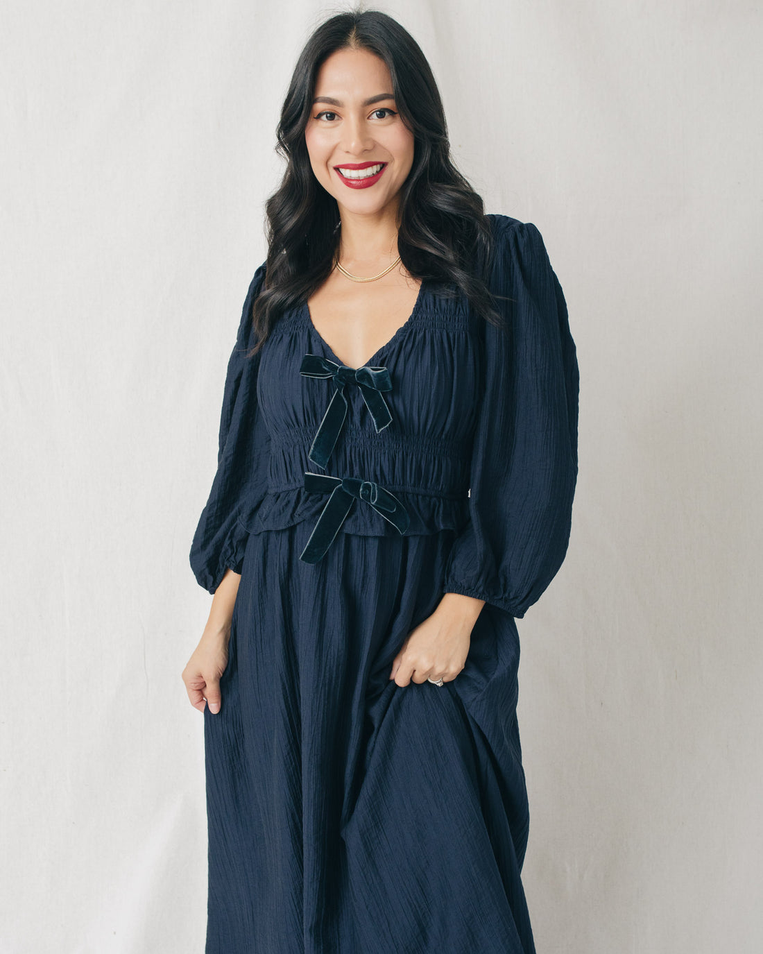 Natalie V-Neck Front Velvet Bow Midi Dress