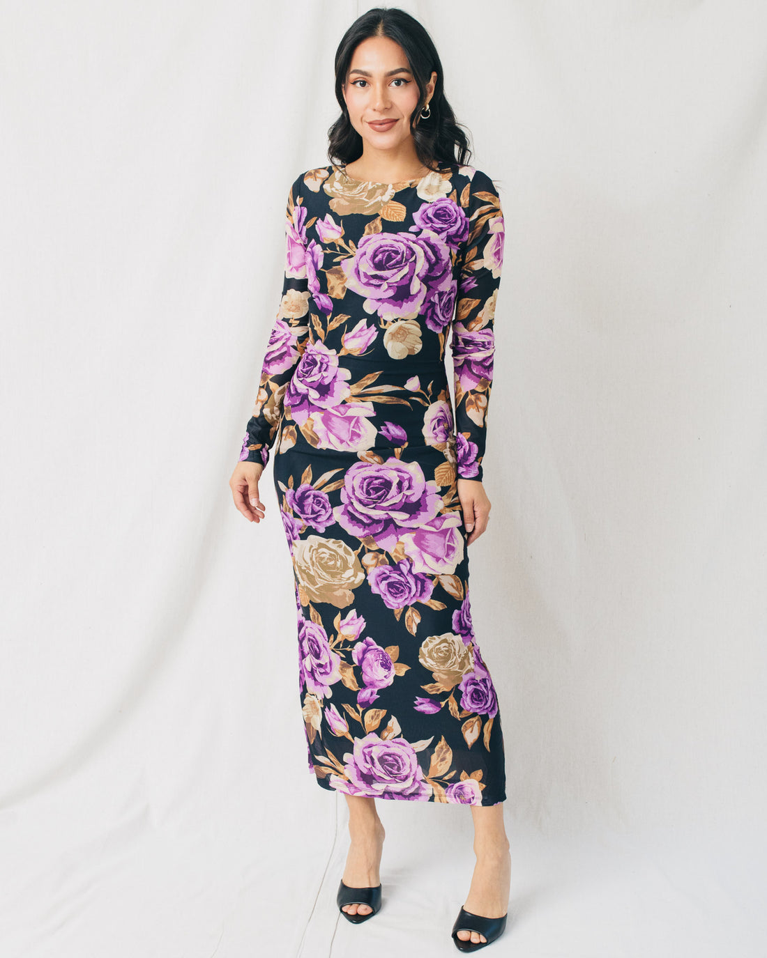 Stellar Round Neck Floral Mesh Midi Dress