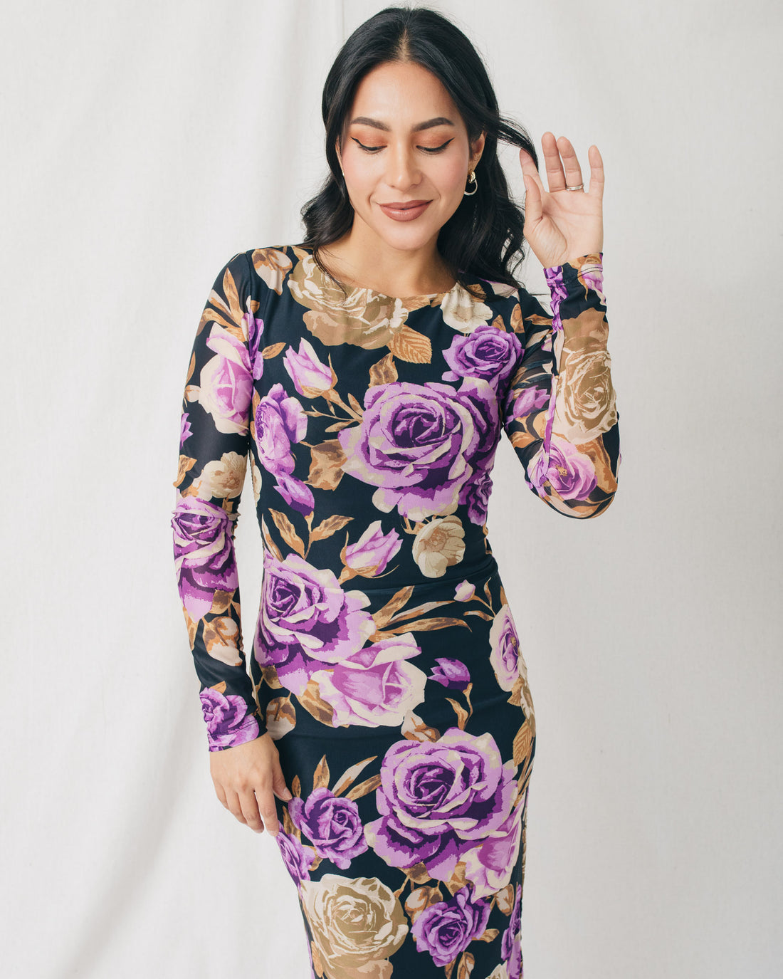 Stellar Round Neck Floral Mesh Midi Dress