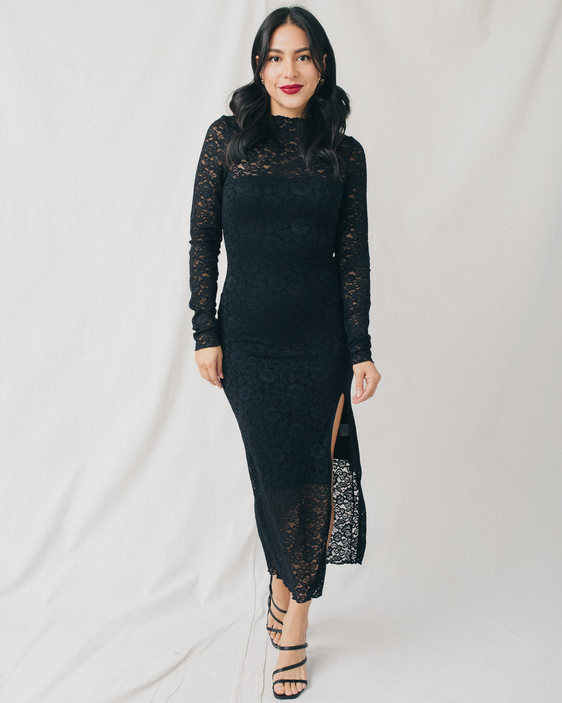 Tess High Neck Long Sleeve Side Slit Lace Midi Dress