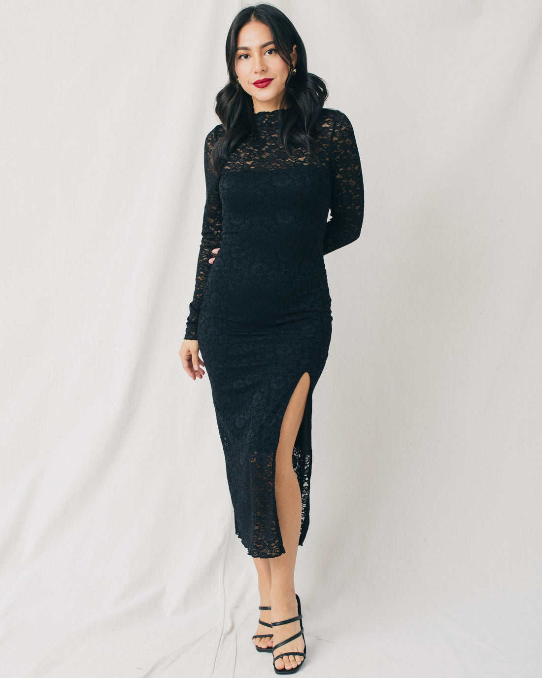 Tess High Neck Long Sleeve Side Slit Lace Midi Dress