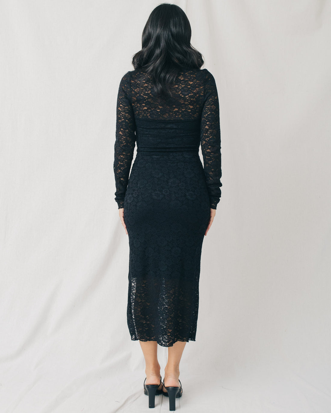 Tess High Neck Long Sleeve Side Slit Lace Midi Dress