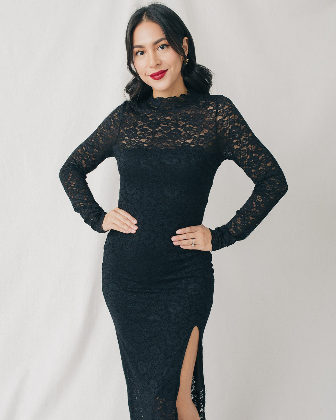 Tess High Neck Long Sleeve Side Slit Lace Midi Dress
