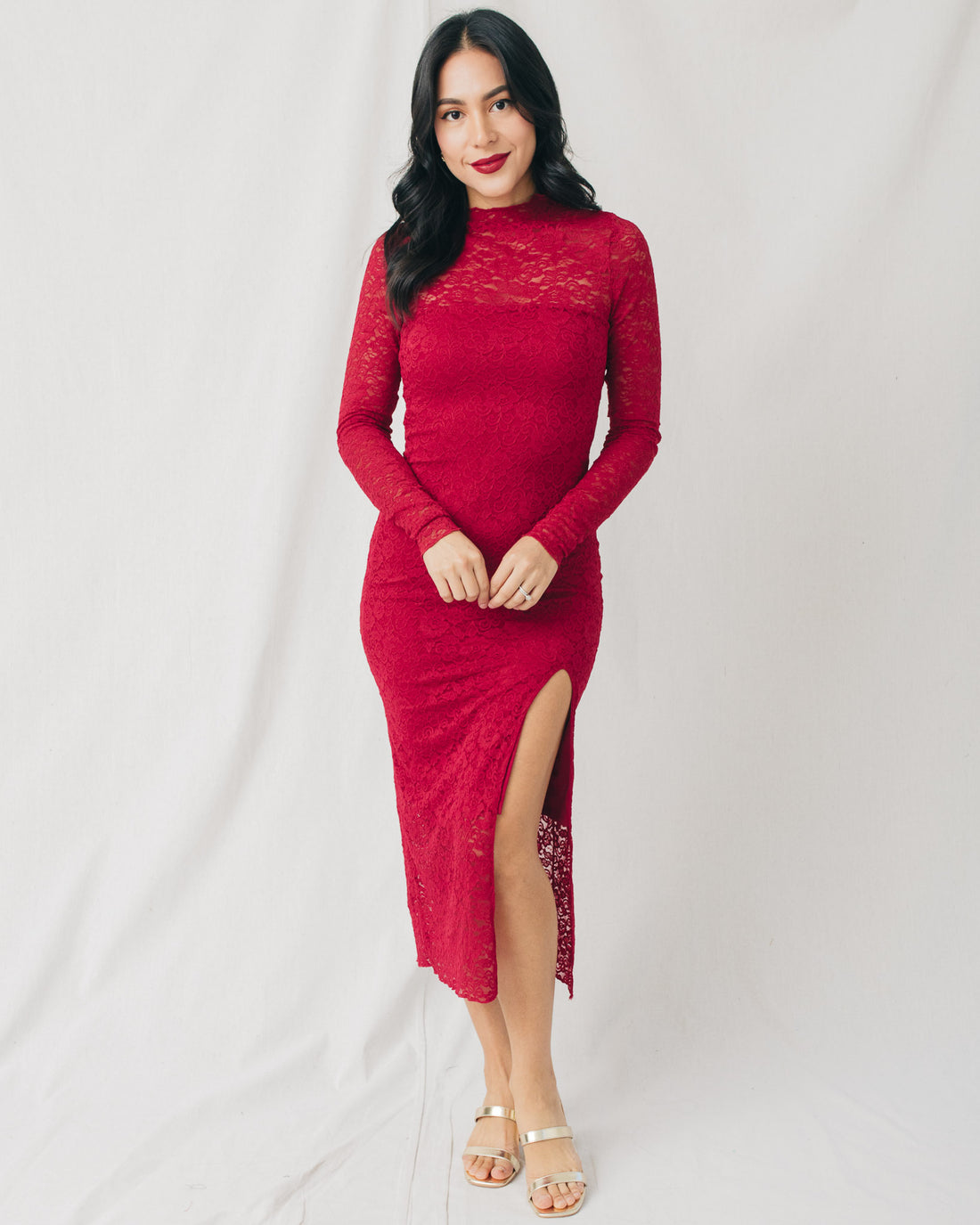 Tess High Neck Long Sleeve Side Slit Lace Midi Dress