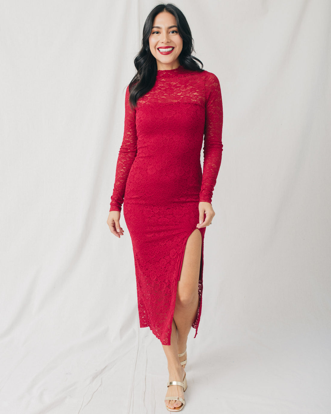 Tess High Neck Long Sleeve Side Slit Lace Midi Dress