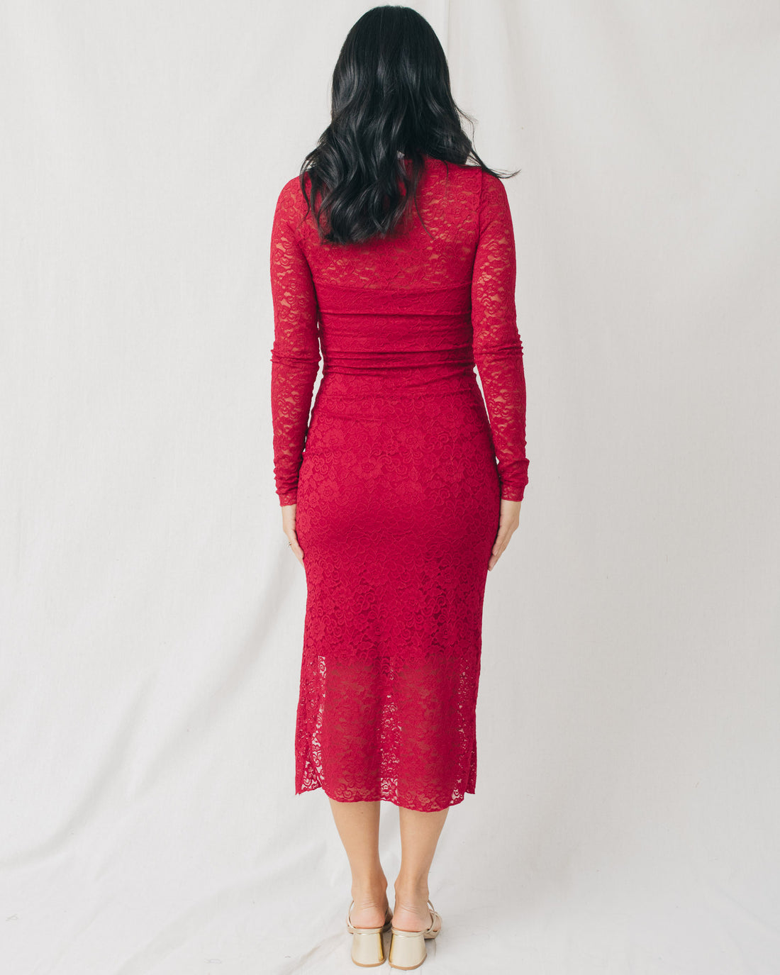 Tess High Neck Long Sleeve Side Slit Lace Midi Dress