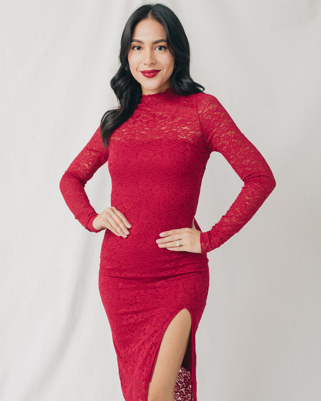 Tess High Neck Long Sleeve Side Slit Lace Midi Dress