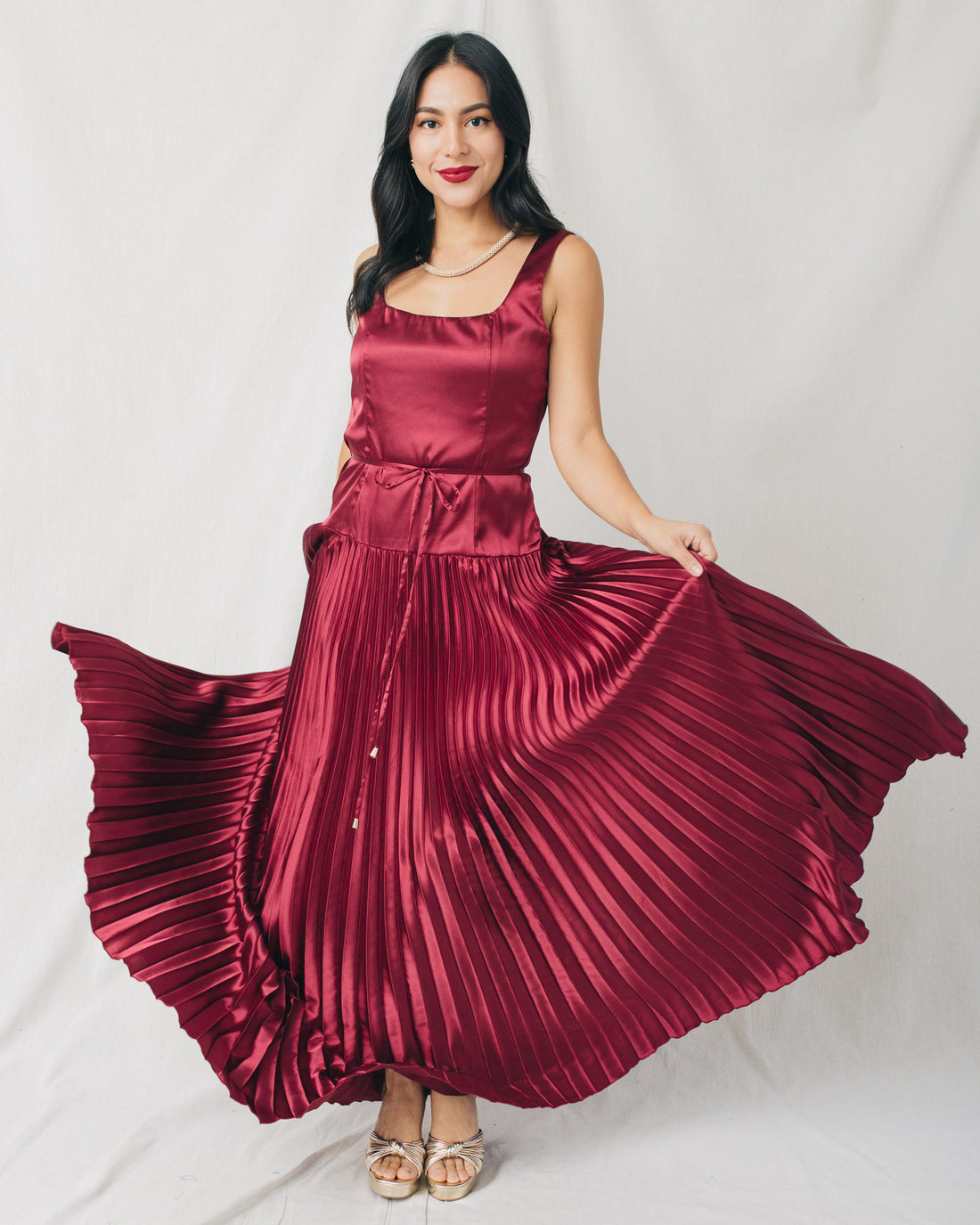 Andrea Square Neck Drop Waist Pleated Maxi Dress