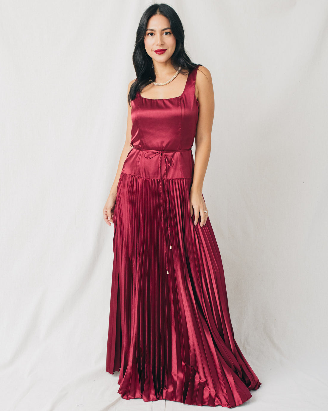 Andrea Square Neck Drop Waist Pleated Maxi Dress