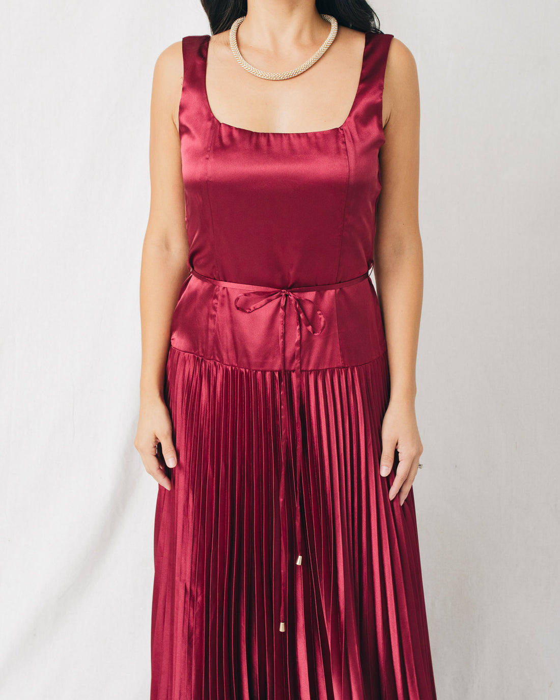 Andrea Square Neck Drop Waist Pleated Maxi Dress