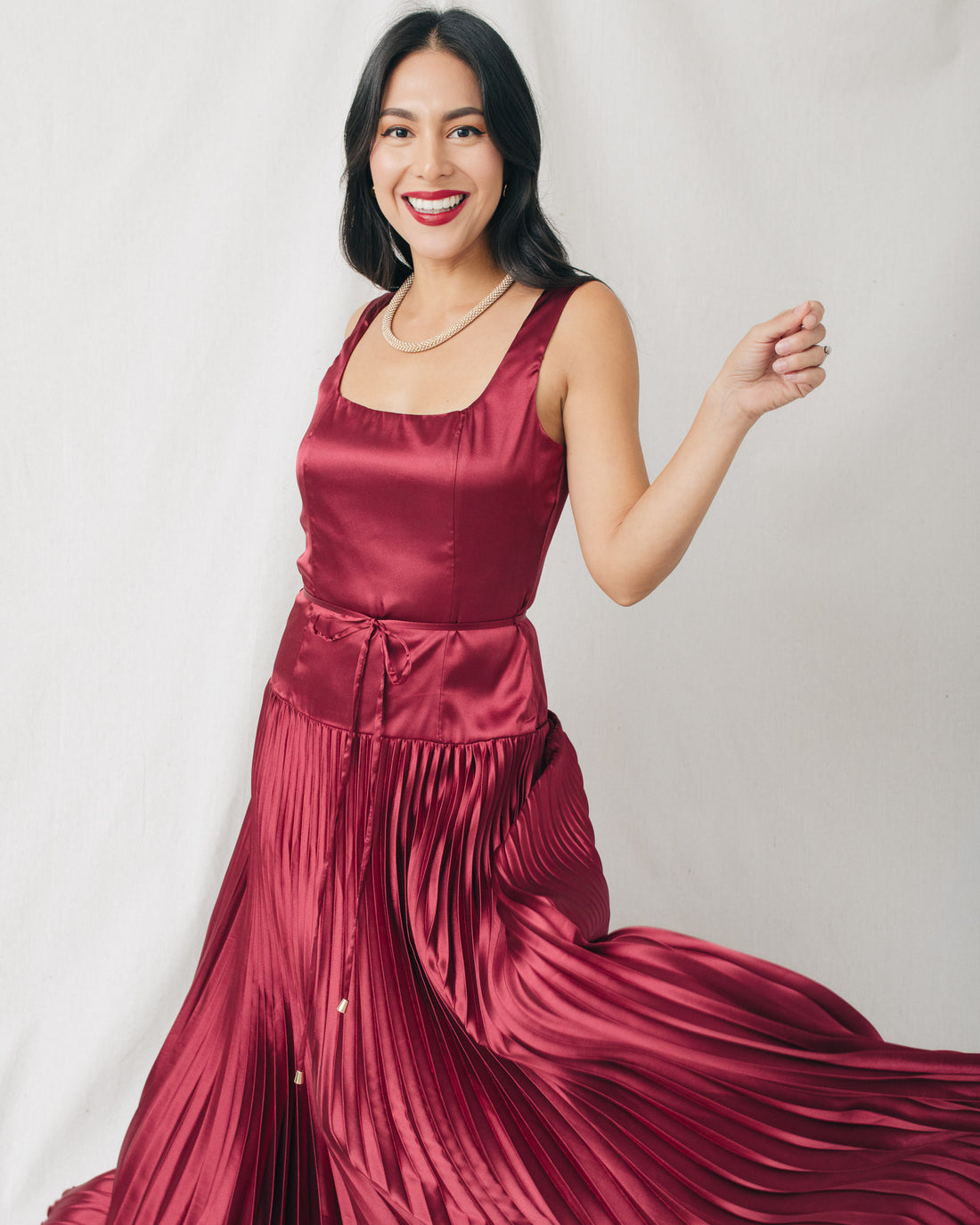 Andrea Square Neck Drop Waist Pleated Maxi Dress