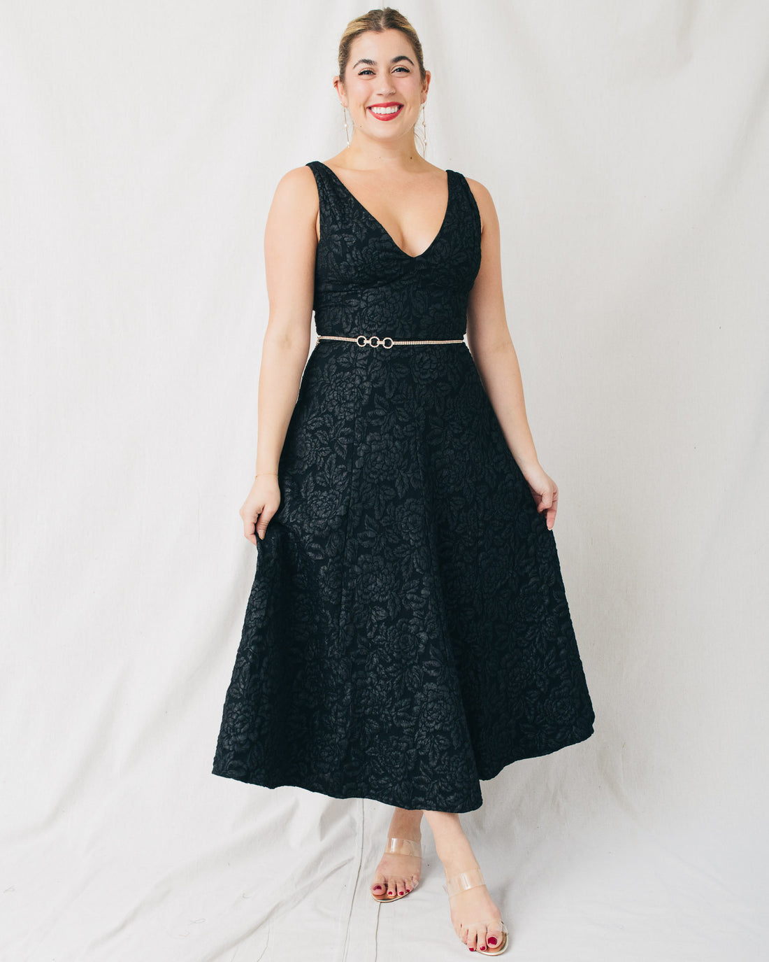 Ava V-Neck Jacquard Midi Dress