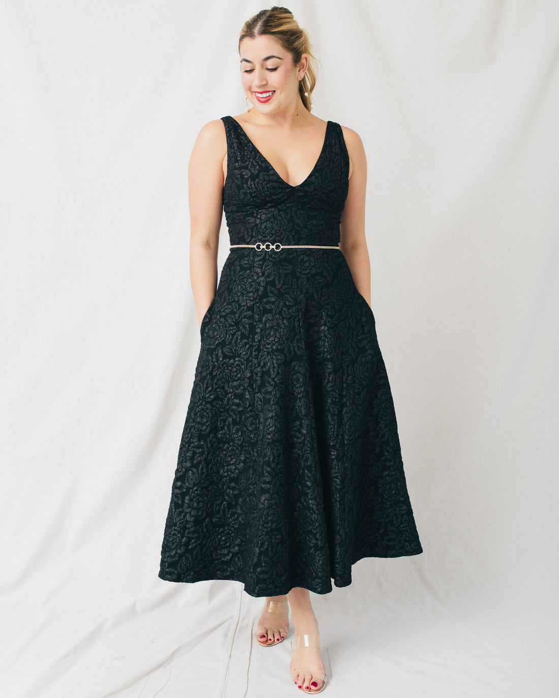 Ava V-Neck Jacquard Midi Dress