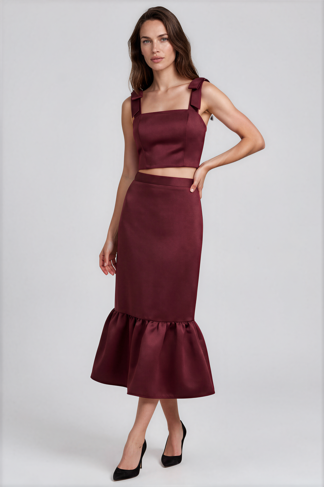Zabava Shoulder Tie Satin Crop Top