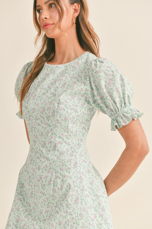 April Round Neck Short Puff Sleeve Floral Mini Dress