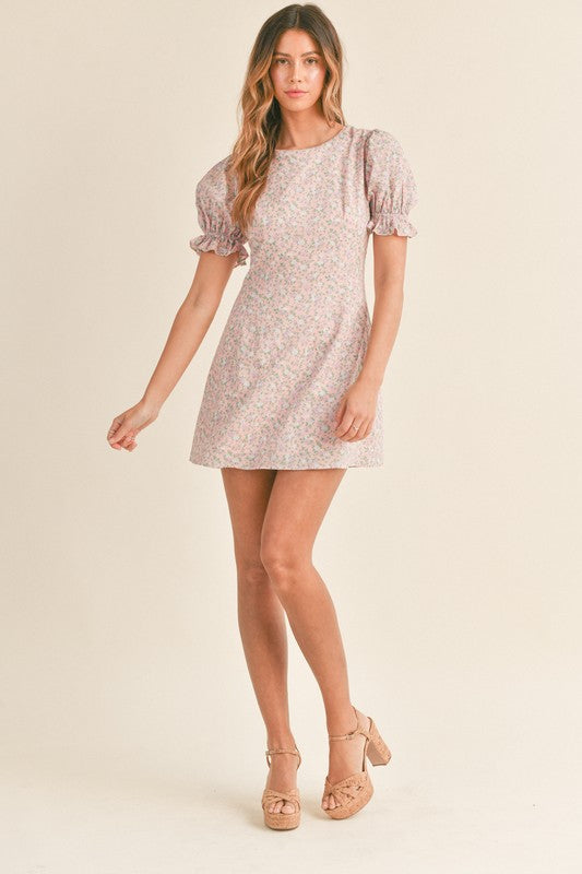 April Round Neck Short Puff Sleeve Floral Mini Dress