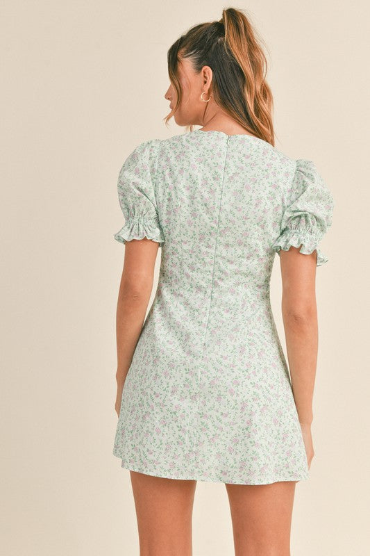 April Round Neck Short Puff Sleeve Floral Mini Dress