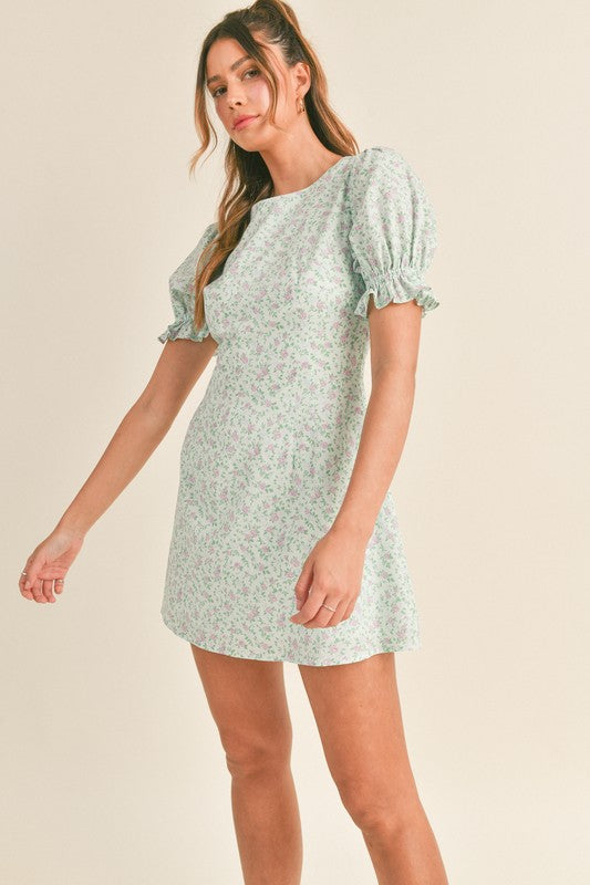 April Round Neck Short Puff Sleeve Floral Mini Dress