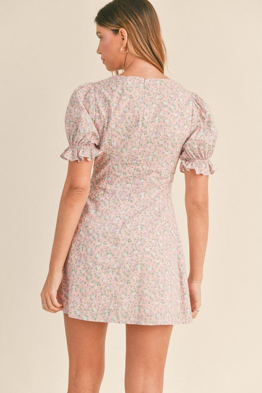 April Round Neck Short Puff Sleeve Floral Mini Dress