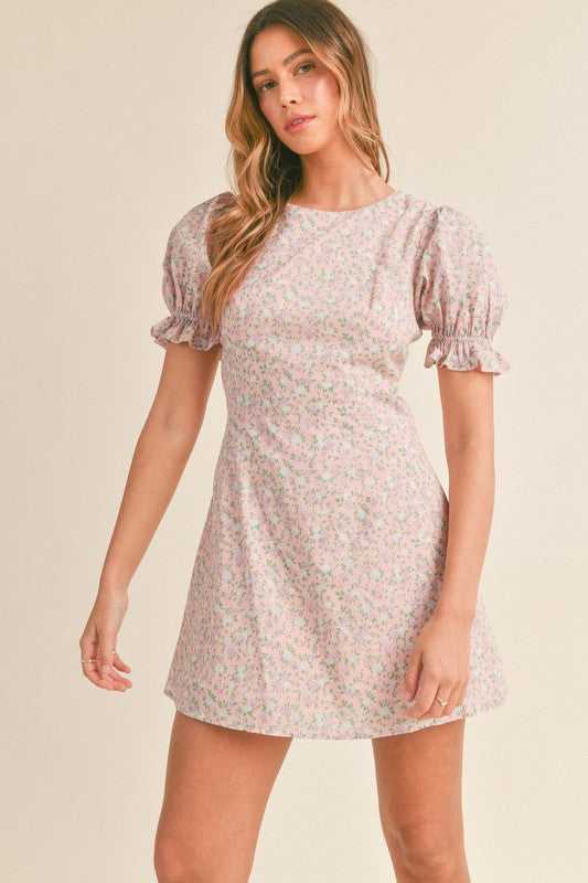 April Round Neck Short Puff Sleeve Floral Mini Dress