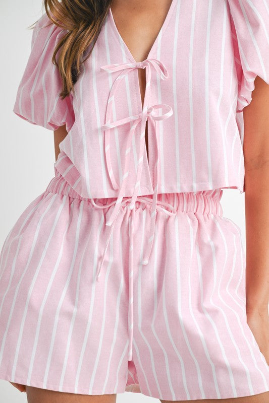 Marie Stripe Puff Sleeve Bow Tied Blouse