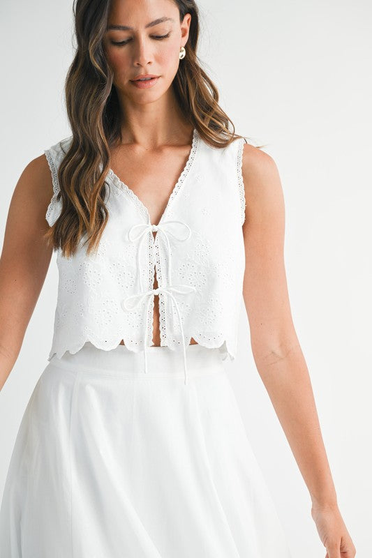 Aubree Eyelet Embroidered Front Tie Crop Top